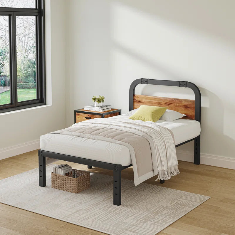 Amylia Heavy Duty Anti-Sway 14-Inch Steel Tube Iron Bed with Solid Wood Panel 40'' Headboard