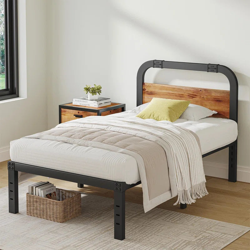 Amylia Heavy Duty Anti-Sway 14-Inch Steel Tube Iron Bed with Solid Wood Panel 40'' Headboard