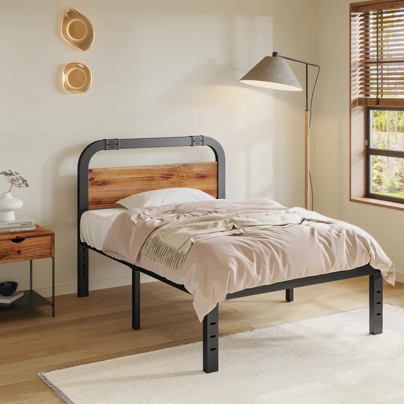 Amylia Heavy Duty Anti-Sway 14-Inch Steel Tube Iron Bed with Solid Wood Panel 40'' Headboard