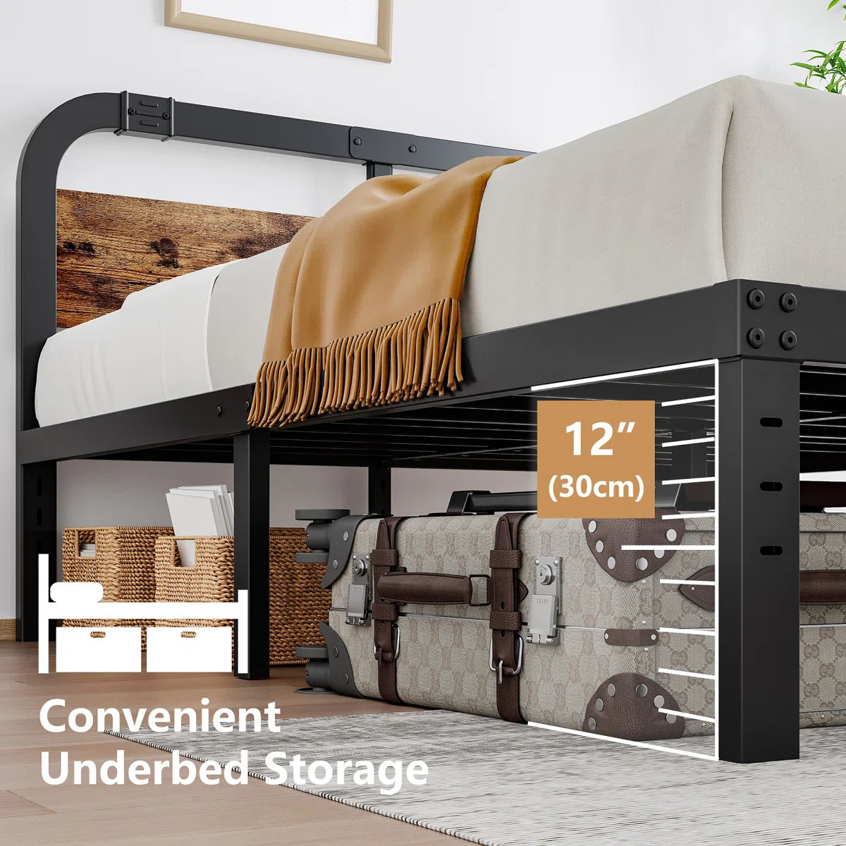 Amylia Heavy Duty Anti-Sway 14-Inch Steel Tube Iron Bed with Solid Wood Panel 40'' Headboard