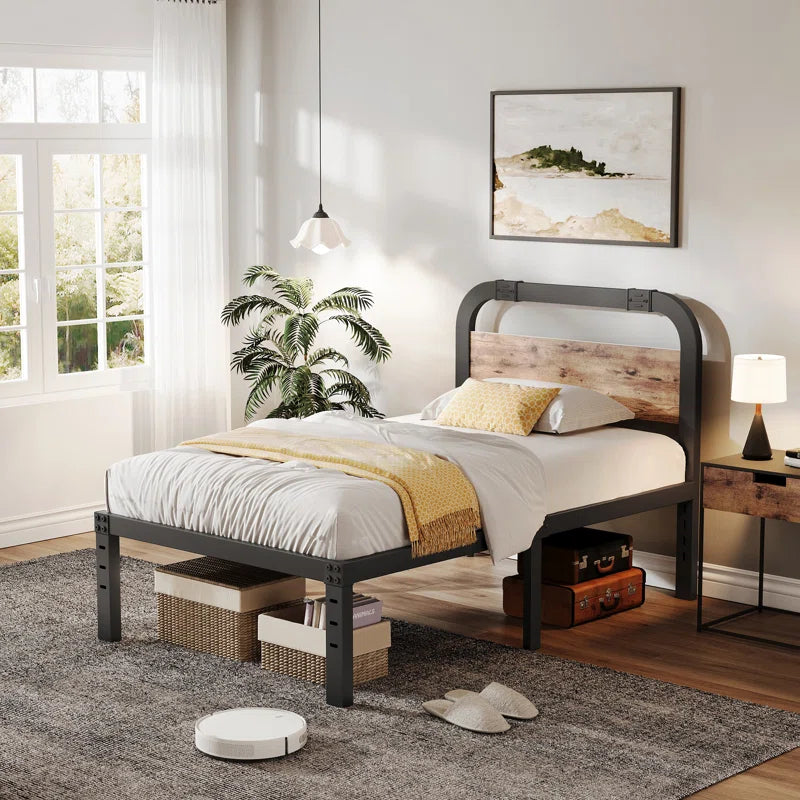 Amylia Heavy Duty Anti-Sway 14-Inch Steel Tube Iron Bed with Solid Wood Panel 40'' Headboard