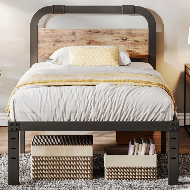 Amylia Heavy Duty Anti-Sway 14-Inch Steel Tube Iron Bed with Solid Wood Panel 40'' Headboard