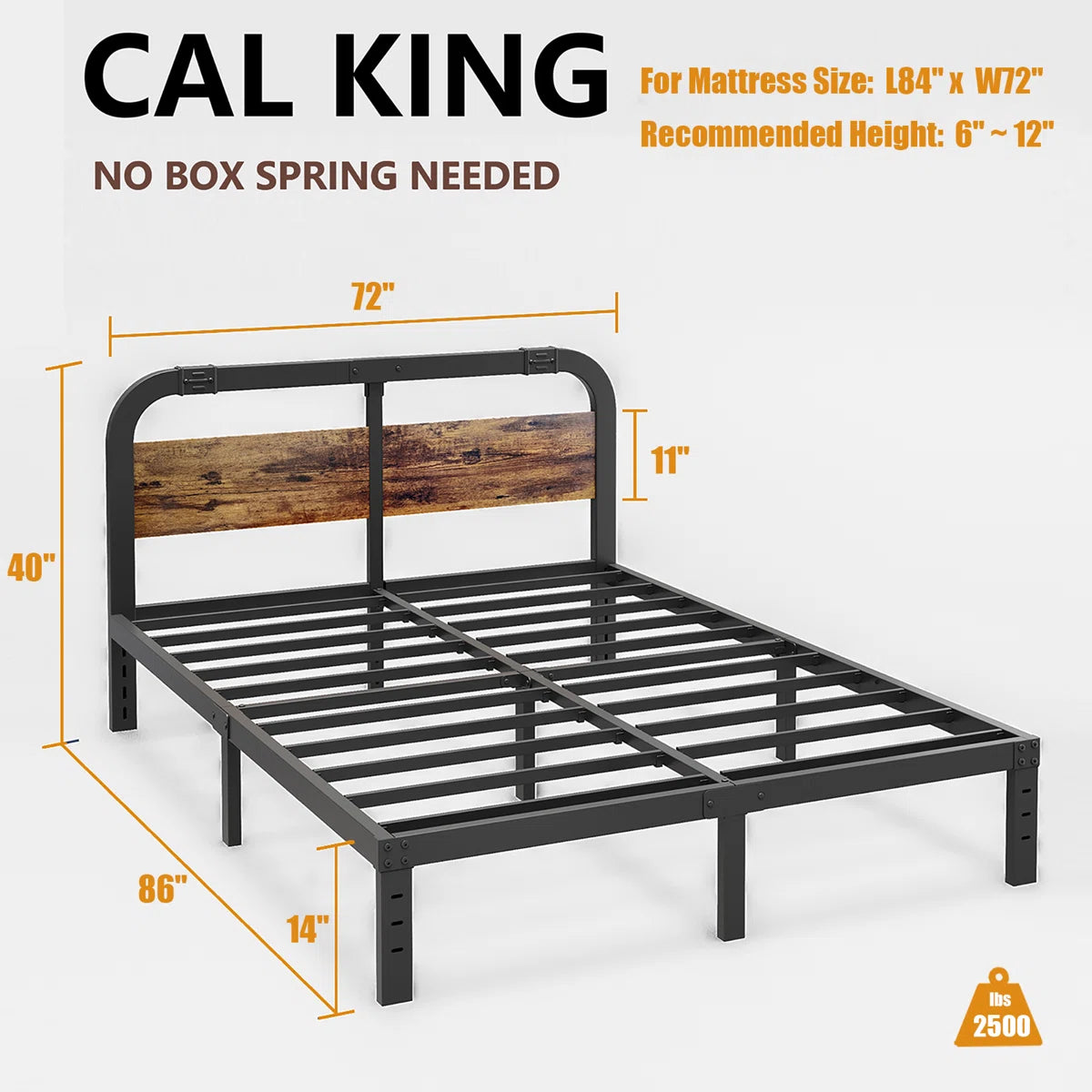 Amylia Heavy Duty Anti-Sway 14-Inch Steel Tube Iron Bed with Solid Wood Panel 40'' Headboard