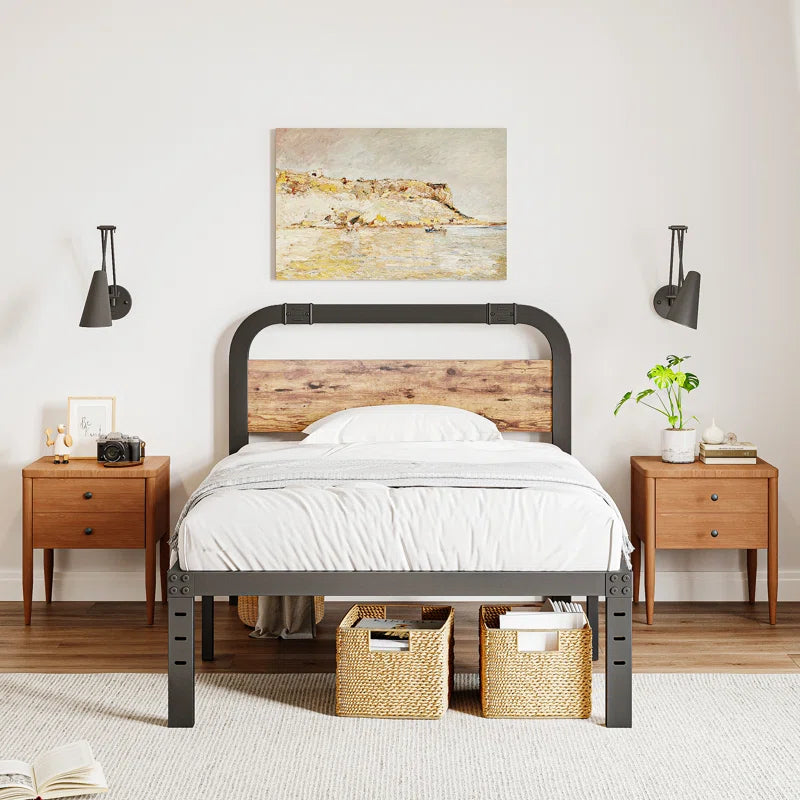 Amylia Heavy Duty Anti-Sway 14-Inch Steel Tube Iron Bed with Solid Wood Panel 40'' Headboard