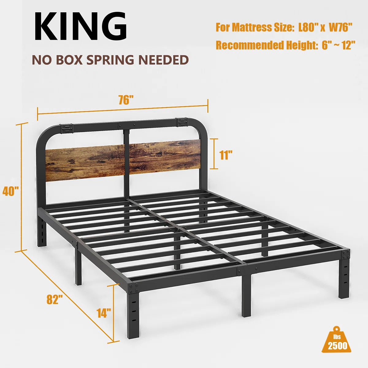 Amylia Heavy Duty Anti-Sway 14-Inch Steel Tube Iron Bed with Solid Wood Panel 40'' Headboard