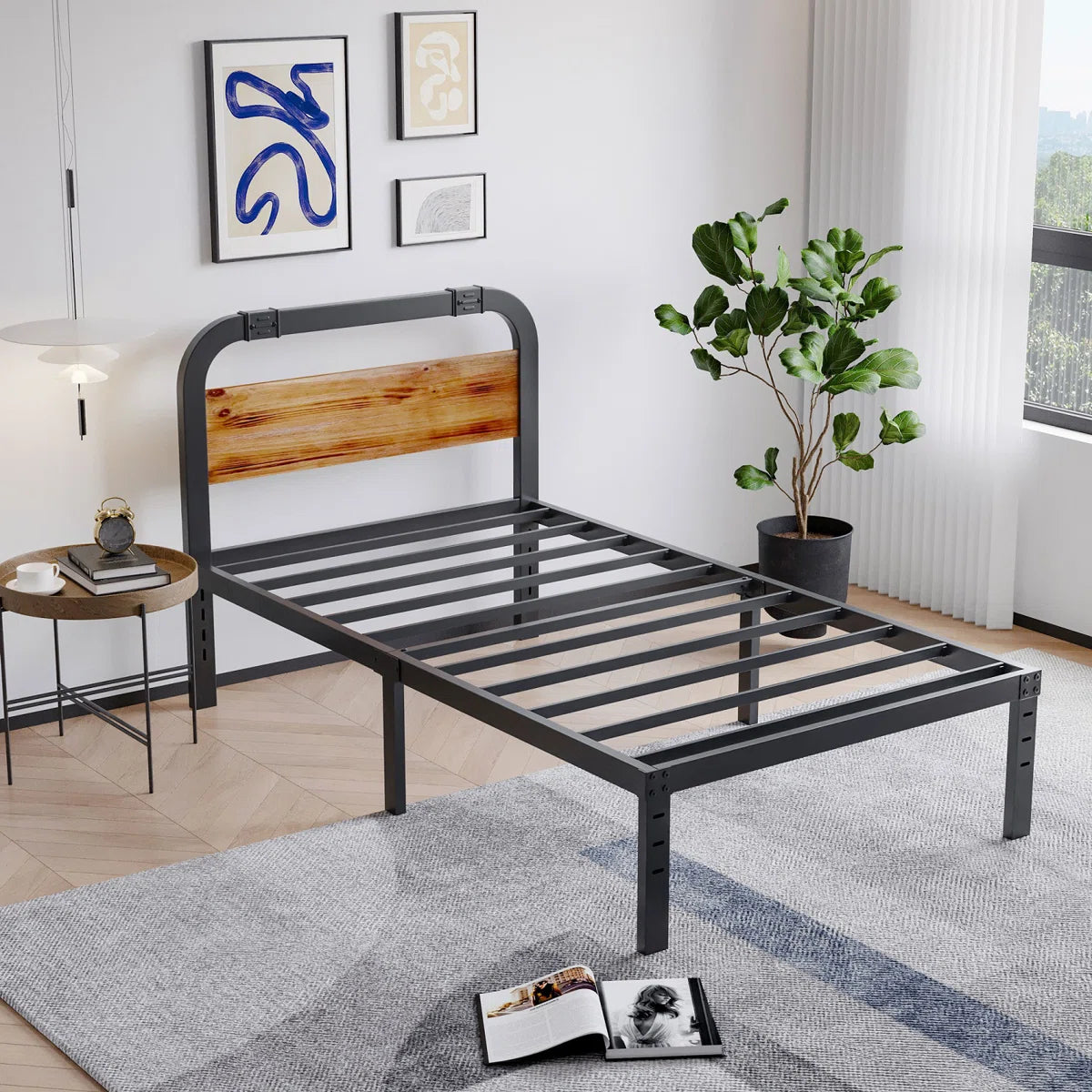 Amylia Heavy Duty Anti-Sway 14-Inch Steel Tube Iron Bed with Solid Wood Panel 40'' Headboard