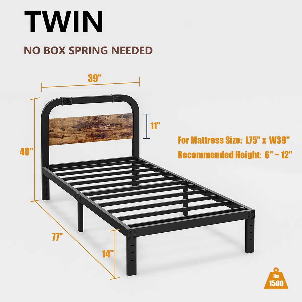 Amylia Heavy Duty Anti-Sway 14-Inch Steel Tube Iron Bed with Solid Wood Panel 40'' Headboard