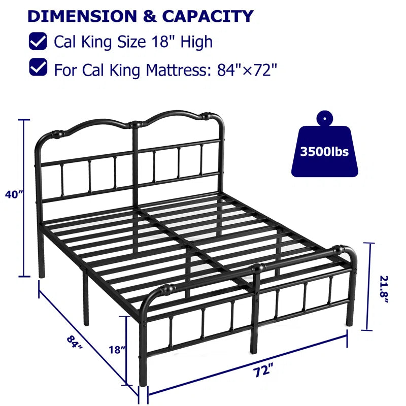 Ashwyn Heavy Duty Steel Slat Bed Frame with 18" High, Vintage Style, Anti Sway and Squeak Resistant