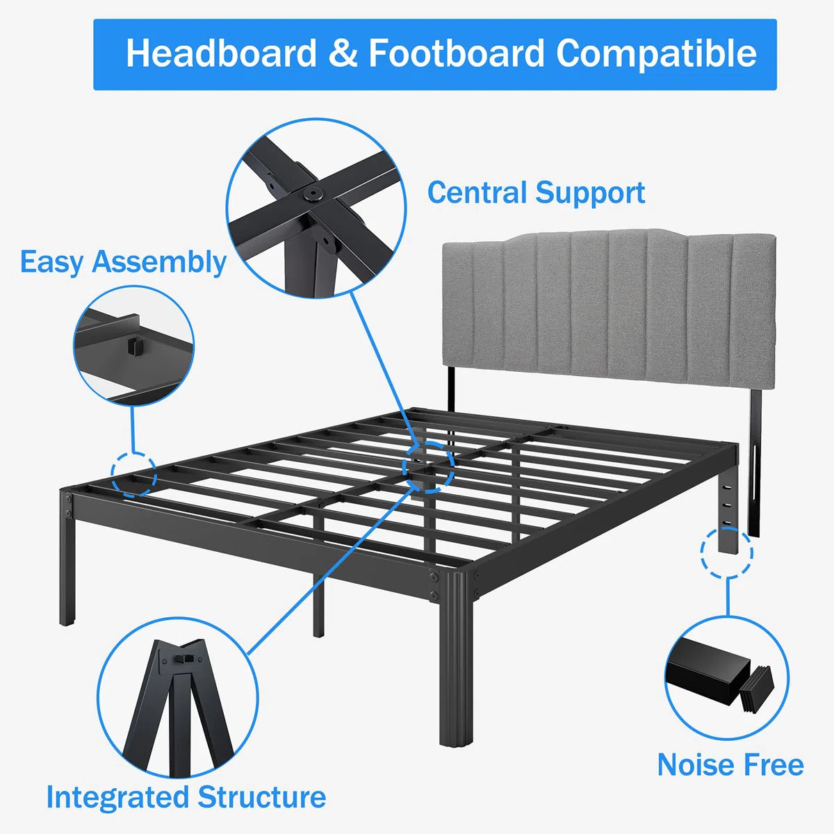 Ashwyn Verret Reinforced High Load-Bearing Frame Type Iron Bed with Anti-Shaking Design