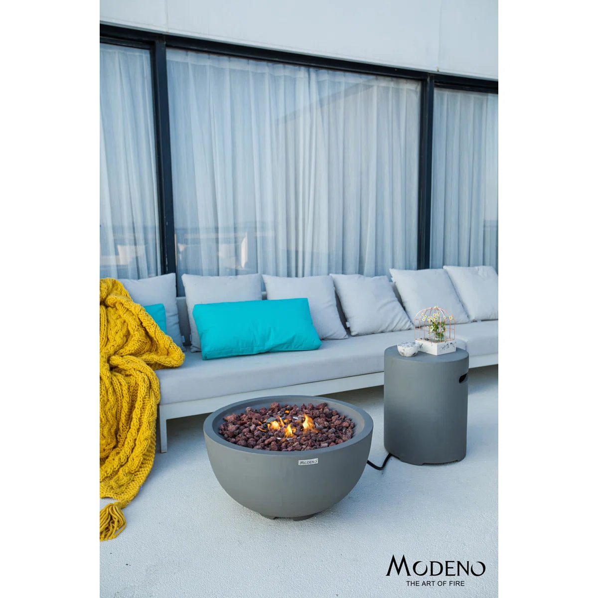 Aswaldi 27" Outdoor Light Grey Concrete Fire Bowl 50,000 BTU - Includes Lava Rocks & PVC Cover