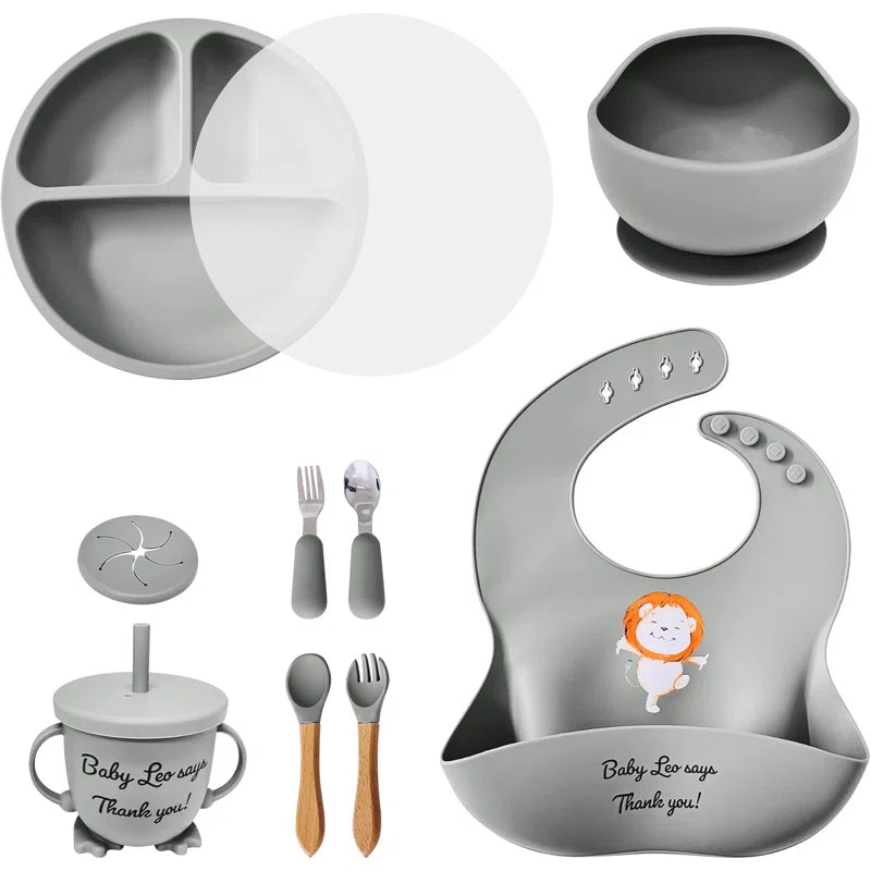 Baby Feeding Set 12 Piece Led Weaning Supplies Suction Bowl And Plate, Divided Plate, Spoon, Fork, Cup, Adjustable Bib Baby Self Feeding Utensils - Baby Feeding Supplies