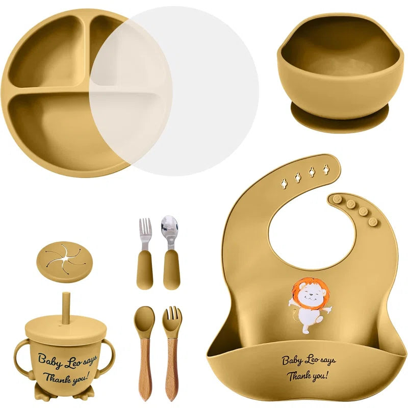 Baby Feeding Set 12 Piece Led Weaning Supplies Suction Bowl And Plate, Divided Plate, Spoon, Fork, Cup, Adjustable Bib Baby Self Feeding Utensils - Baby Feeding Supplies