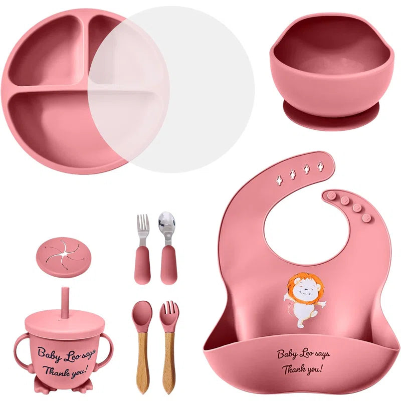 Baby Feeding Set 12 Piece Led Weaning Supplies Suction Bowl And Plate, Divided Plate, Spoon, Fork, Cup, Adjustable Bib Baby Self Feeding Utensils - Baby Feeding Supplies