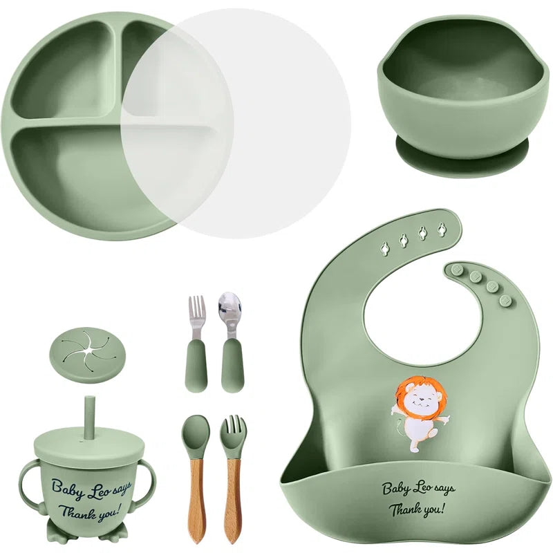Baby Feeding Set 12 Piece Led Weaning Supplies Suction Bowl And Plate, Divided Plate, Spoon, Fork, Cup, Adjustable Bib Baby Self Feeding Utensils - Baby Feeding Supplies