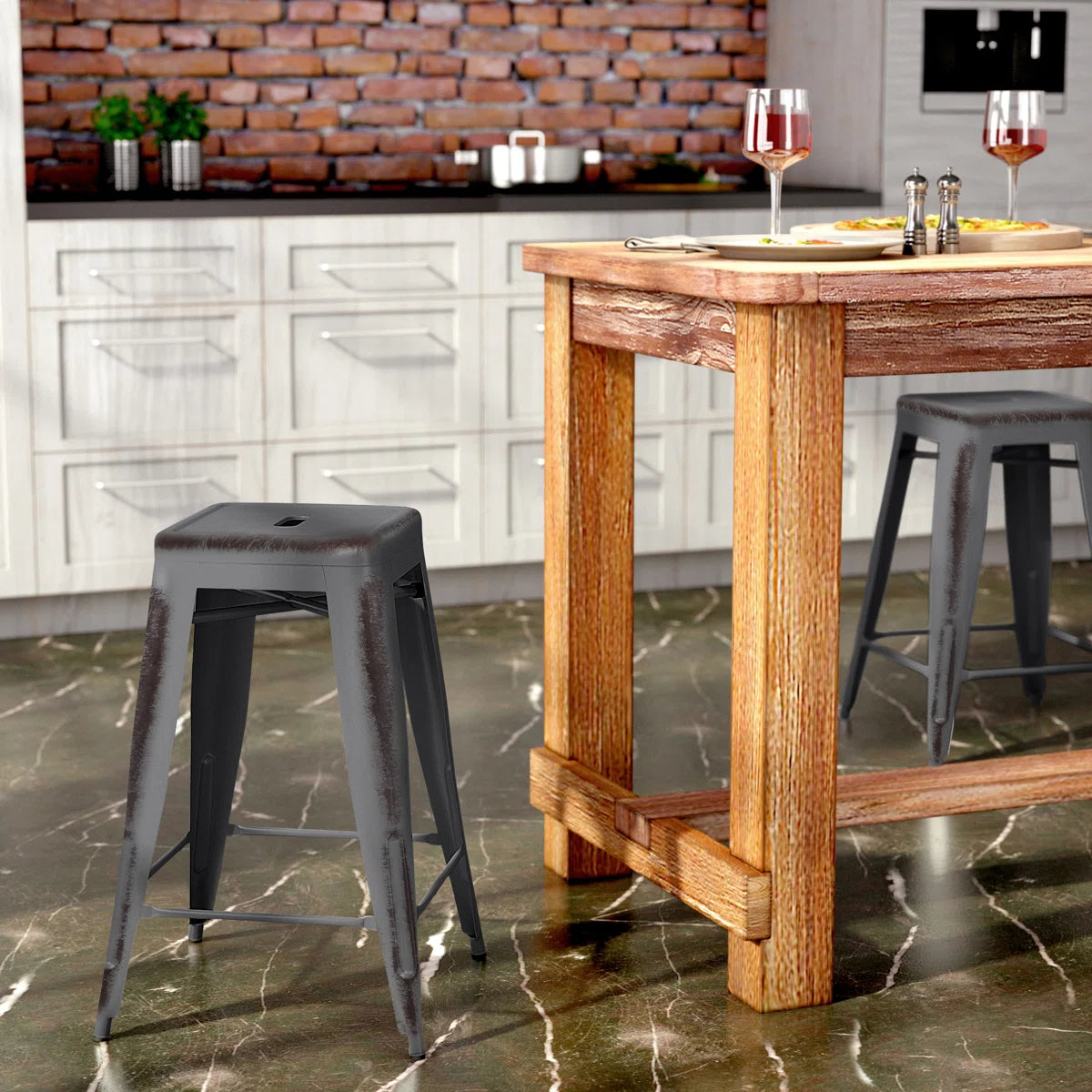 Backless Metal Indoor-Outdoor Stool w/Square Seat