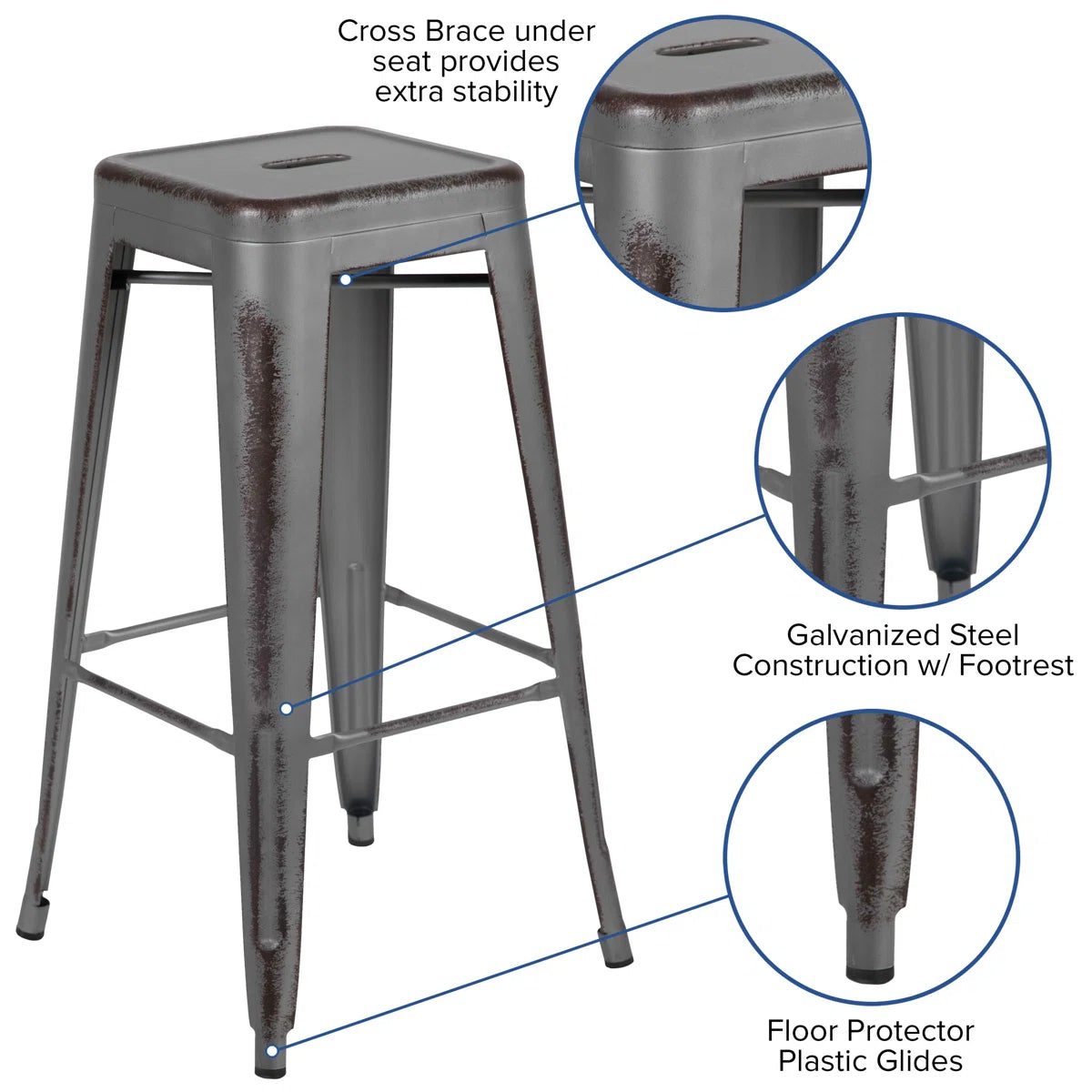 Backless Metal Indoor-Outdoor Stool w/Square Seat