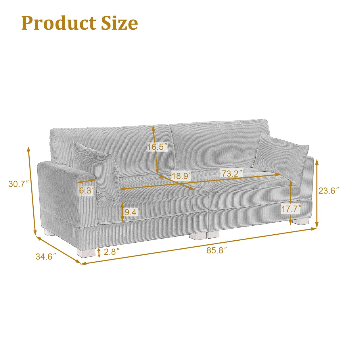 Bentura Upholstered Gray Corduroy Modular Sofa with Pillow Back and Solid Wood Legs