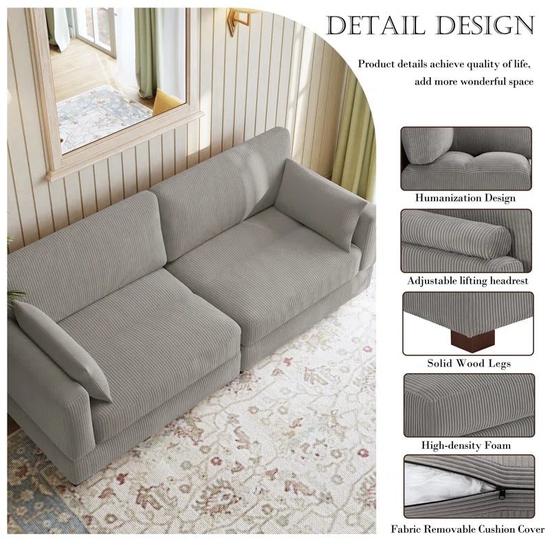 Bentura Upholstered Gray Corduroy Modular Sofa with Pillow Back and Solid Wood Legs