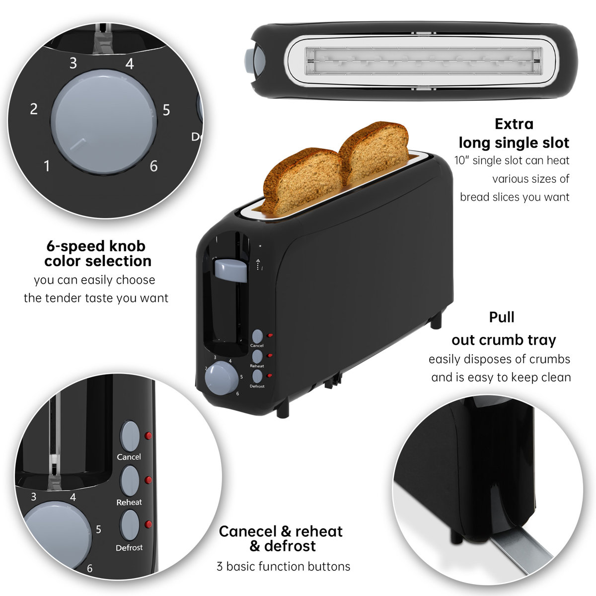 Yellow 2-Slice Slim Toaster - 10" Long Slot For Bagels & Artisan Bread, 6 Shade Settings, Cancel/Reheat/Defrost, Removable Crumb Tray, Auto Shut-Off