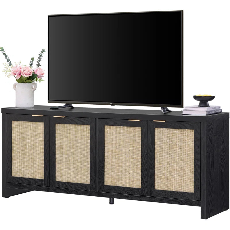 Boho TV Stand With 4 Rattan Storage Cabinets, Farmhouse TV Entertainment Center For Tvs Up To 65''