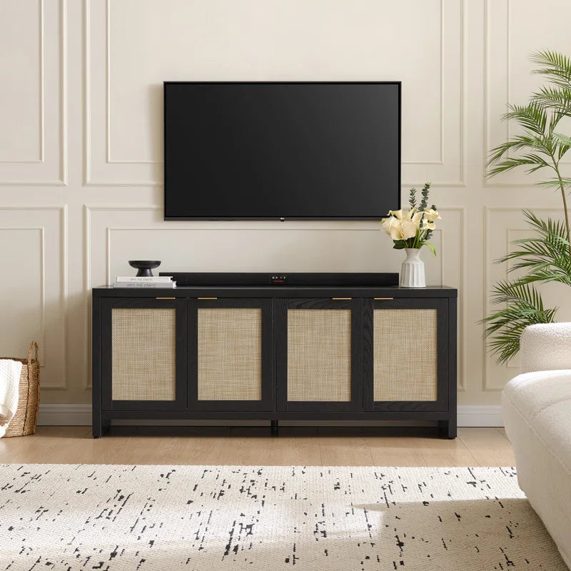 Boho TV Stand With 4 Rattan Storage Cabinets, Farmhouse TV Entertainment Center For Tvs Up To 65''