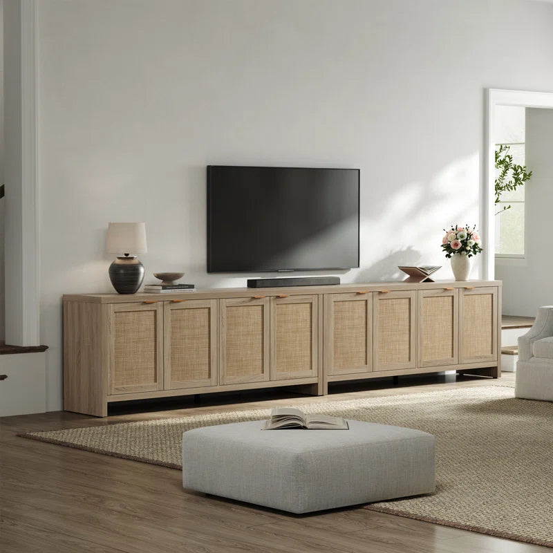 Boho TV Stand With 4 Rattan Storage Cabinets, Farmhouse TV Entertainment Center For Tvs Up To 65''
