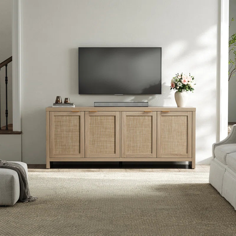 Boho TV Stand With 4 Rattan Storage Cabinets, Farmhouse TV Entertainment Center For Tvs Up To 65''