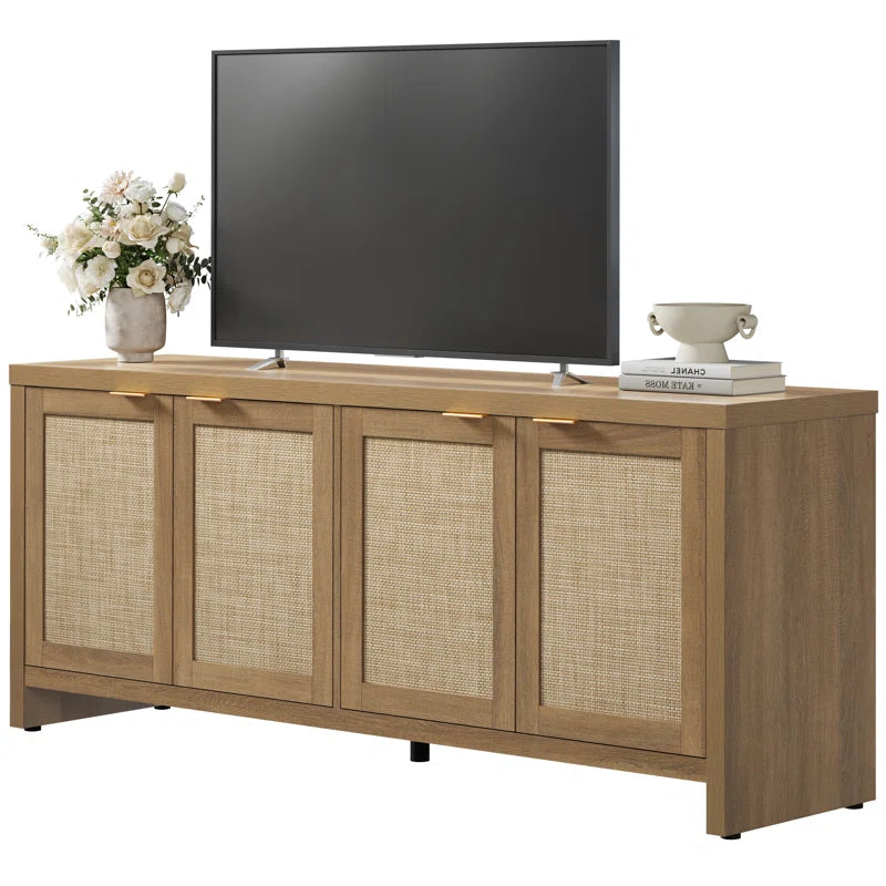 Boho TV Stand With 4 Rattan Storage Cabinets, Farmhouse TV Entertainment Center For Tvs Up To 65''