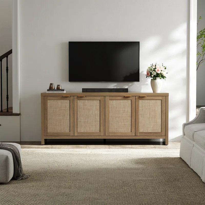 Boho TV Stand With 4 Rattan Storage Cabinets, Farmhouse TV Entertainment Center For Tvs Up To 65''