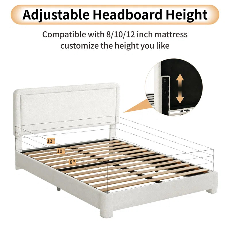 Boucle Bed Frame, Upholstered Cloud Bed Frame, Platform Bed Frame With Headboard, Modern Cream Bed Frame