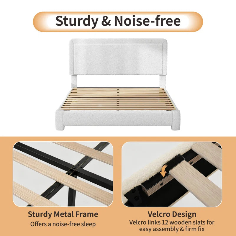 Boucle Bed Frame, Upholstered Cloud Bed Frame, Platform Bed Frame With Headboard, Modern Cream Bed Frame
