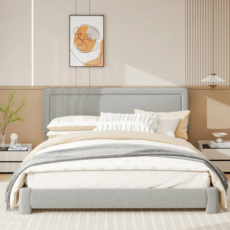 Boucle Bed Frame, Upholstered Cloud Bed Frame, Platform Bed Frame With Headboard, Modern Cream Bed Frame
