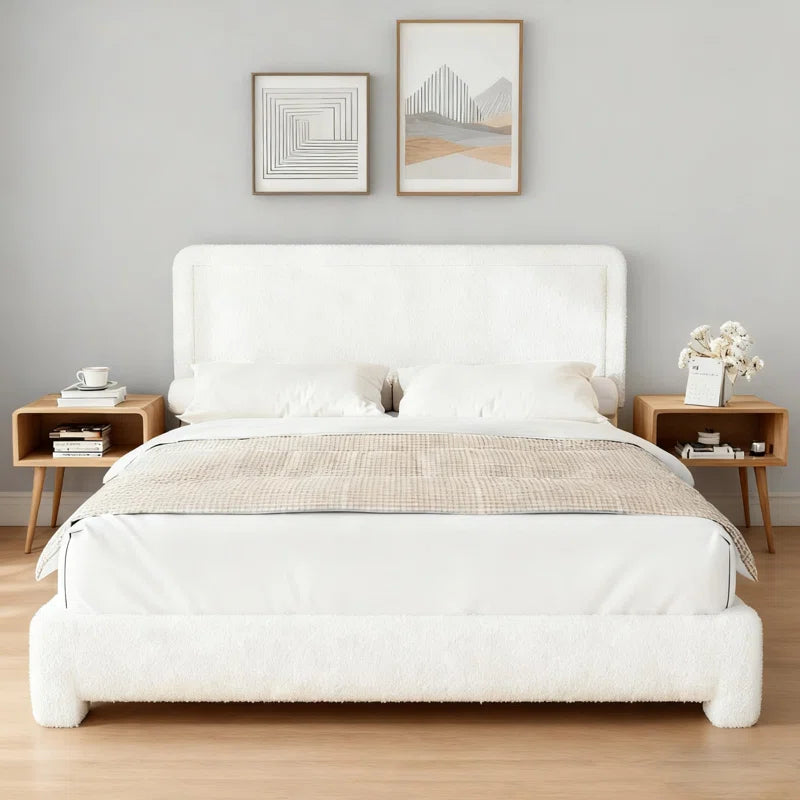 Boucle Bed Frame, Upholstered Cloud Bed Frame, Platform Bed Frame With Headboard, Modern Cream Bed Frame