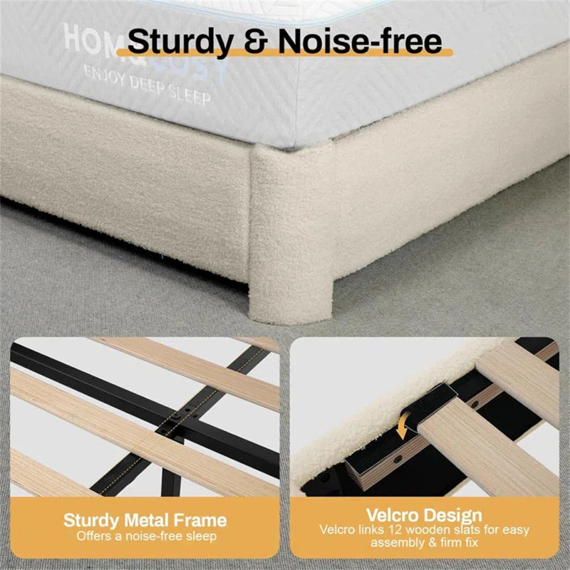 Boucle Bed Frame, Upholstered Cloud Bed Frame, Platform Bed Frame With Headboard, Modern Cream Bed Frame