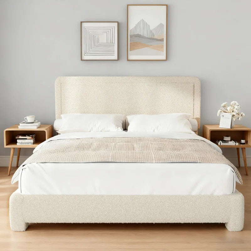 Boucle Bed Frame, Upholstered Cloud Bed Frame, Platform Bed Frame With Headboard, Modern Cream Bed Frame