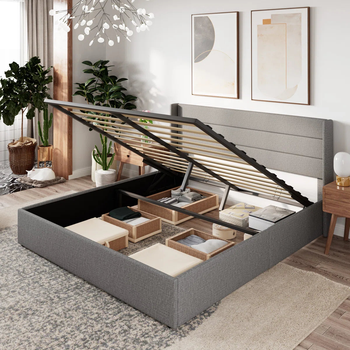 Braya Hydraulic Lift Up Storage Upholstered Platform Bed