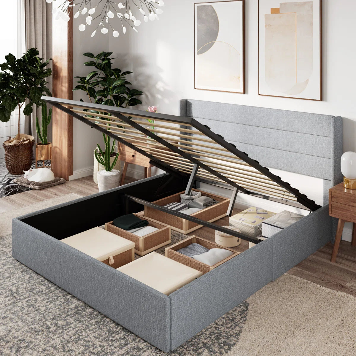 Braya Hydraulic Lift Up Storage Upholstered Platform Bed