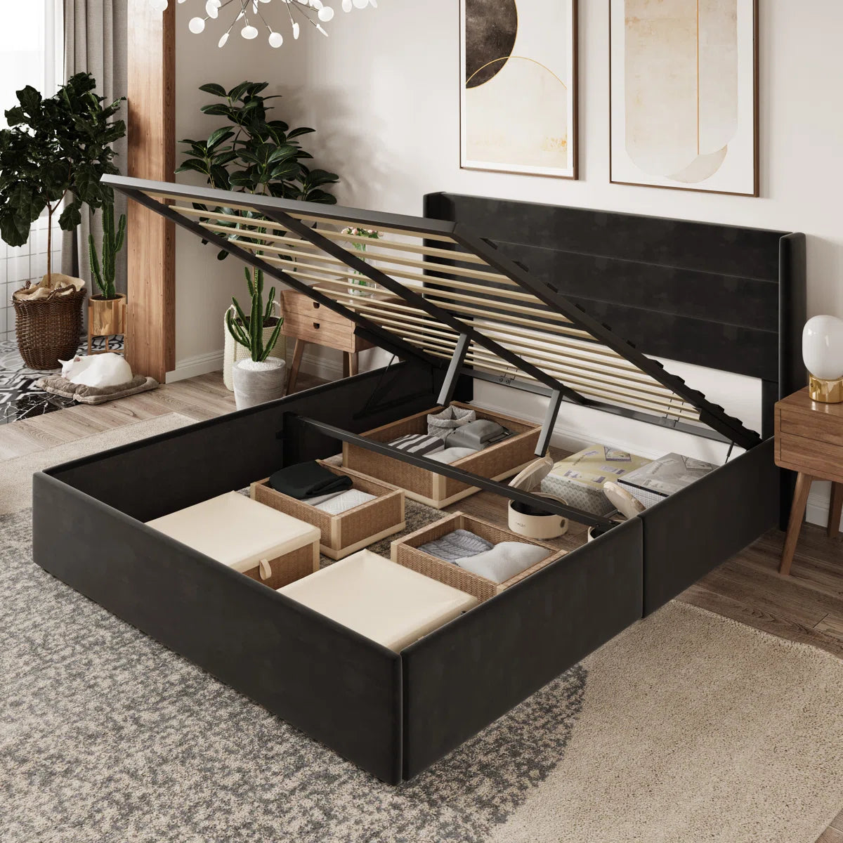 Braya Hydraulic Lift Up Storage Upholstered Platform Bed