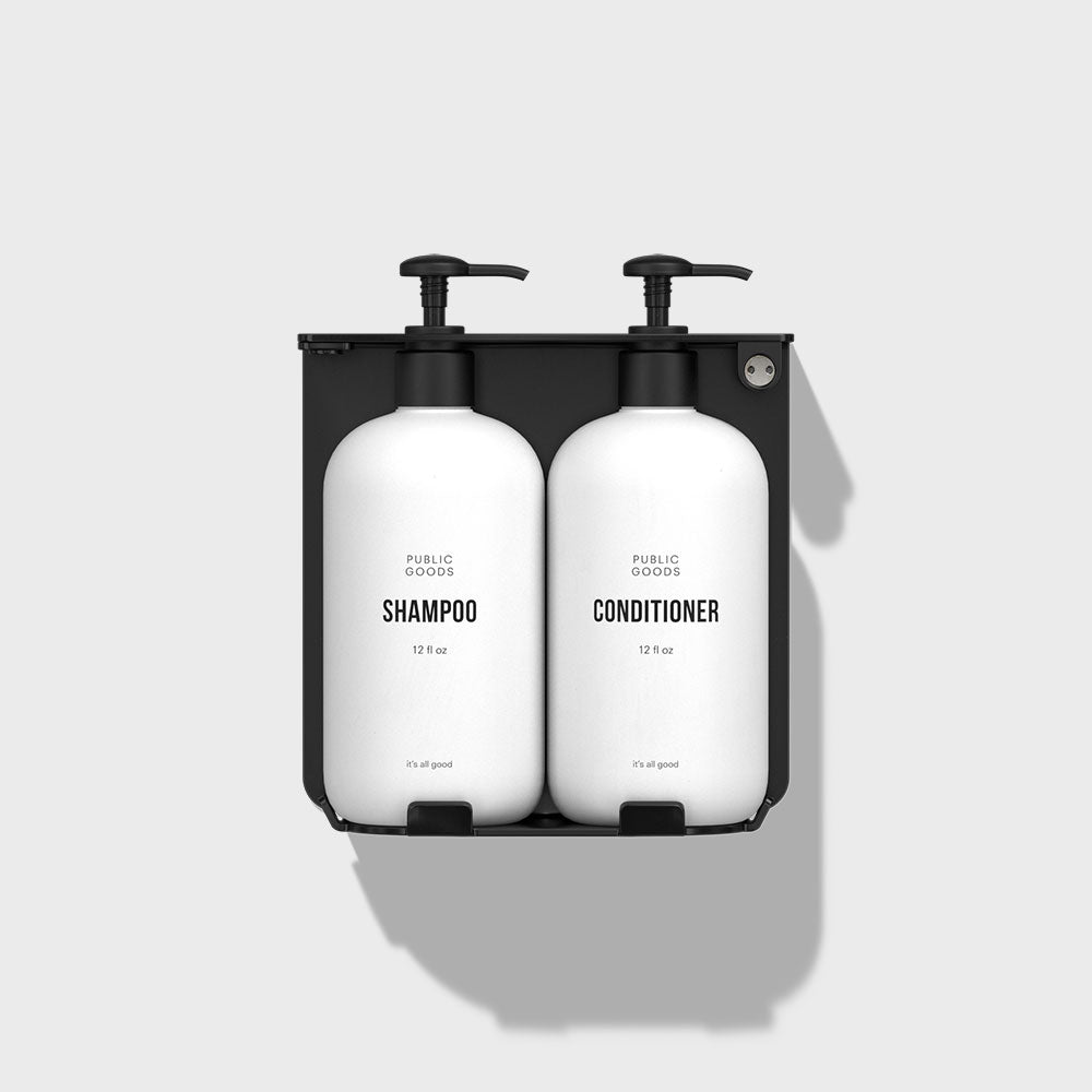 Locking Double Wall-Mount Bottle Holder with Shampoo & Conditioner Bottles
