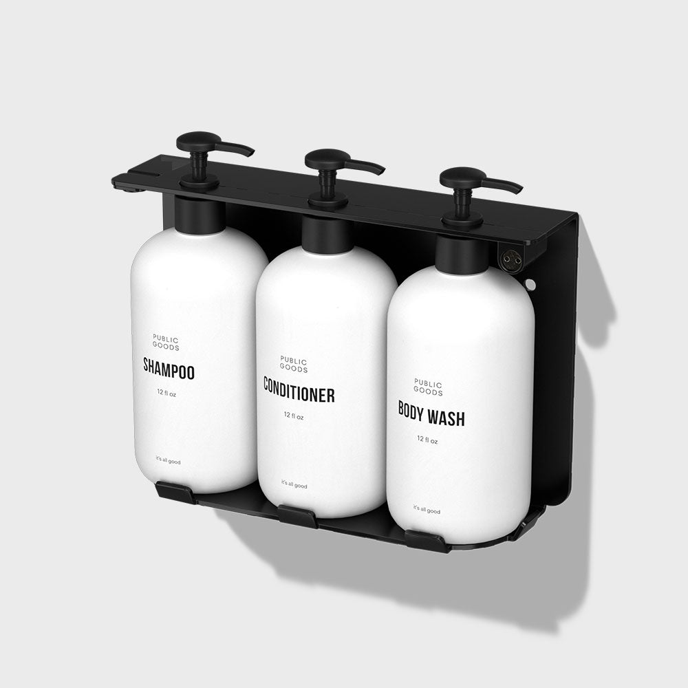Locking Triple Wall-Mount Bottle Holder with Shampoo, Conditioner & Body Wash Bottles