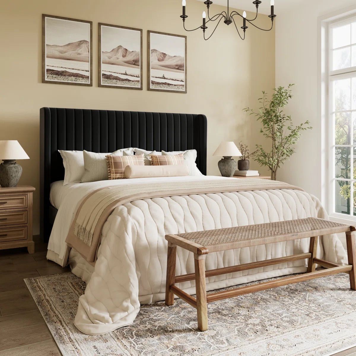 Candler Velvet Upholstered Platform Bed with Wingback Headboard and Wooden Slats