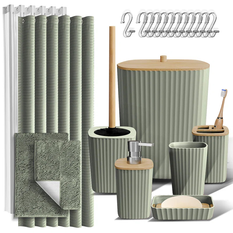 Complete 22 Piece Bathroom Accessory Set with Bath Rugs, Shower Curtain Set, Liner, and Hooks