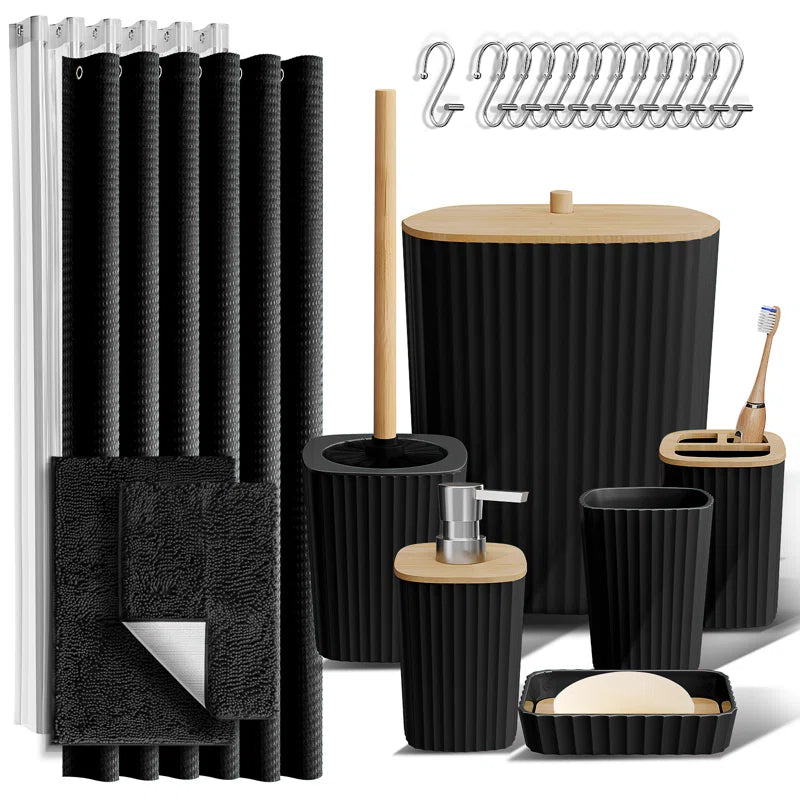 Complete 22 Piece Bathroom Accessory Set with Bath Rugs, Shower Curtain Set, Liner, and Hooks