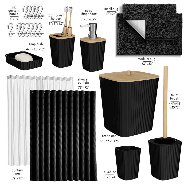 Complete 22 Piece Bathroom Accessory Set with Bath Rugs, Shower Curtain Set, Liner, and Hooks