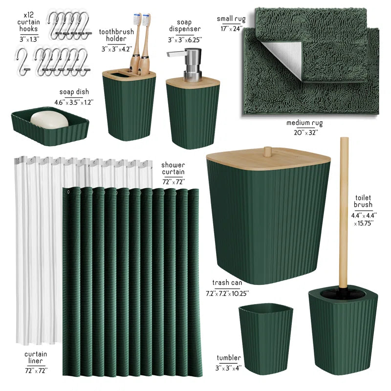 Complete 22 Piece Bathroom Accessory Set with Bath Rugs, Shower Curtain Set, Liner, and Hooks