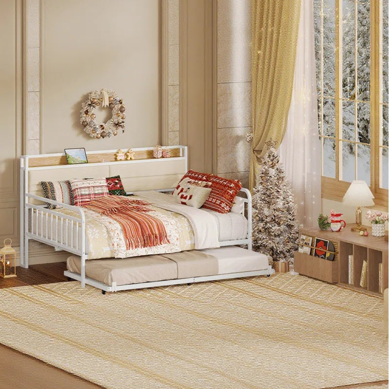 Daybed With Trundle Day Bed With Upholstered Headboard And Charging Station