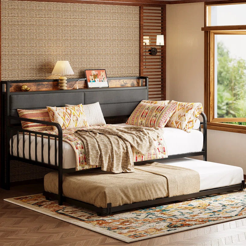 Daybed With Trundle Day Bed With Upholstered Headboard And Charging Station