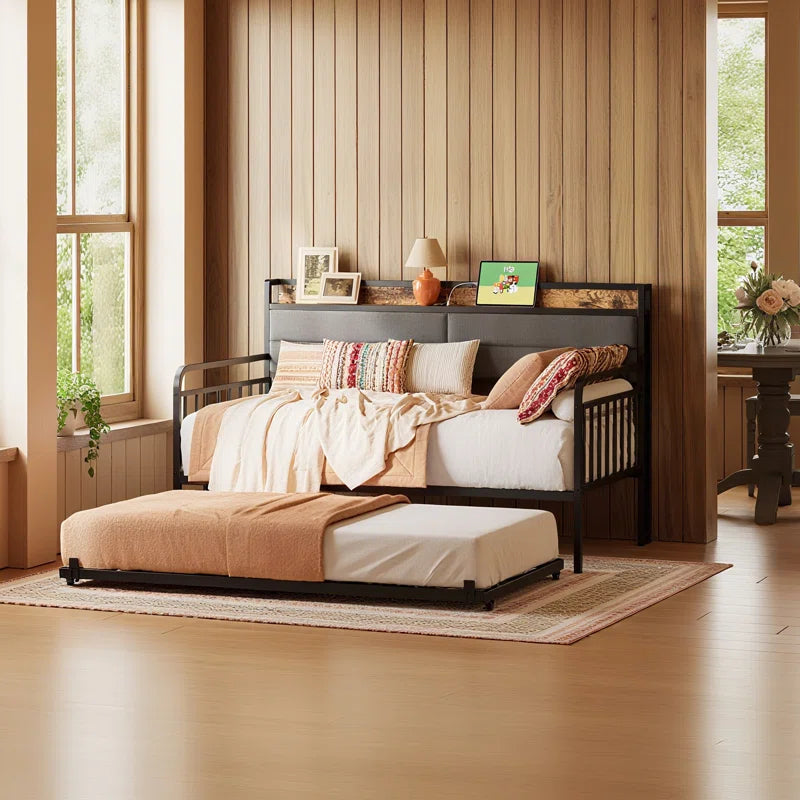 Daybed With Trundle Day Bed With Upholstered Headboard And Charging Station