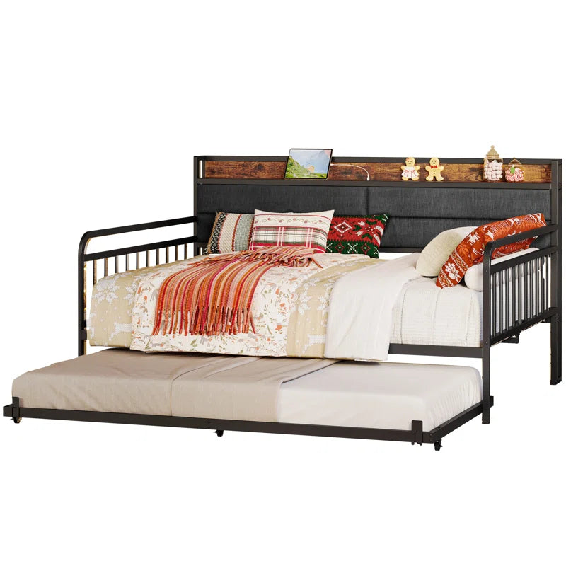 Daybed With Trundle Day Bed With Upholstered Headboard And Charging Station