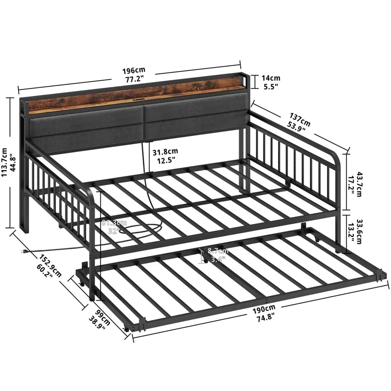 Daybed With Trundle Day Bed With Upholstered Headboard And Charging Station